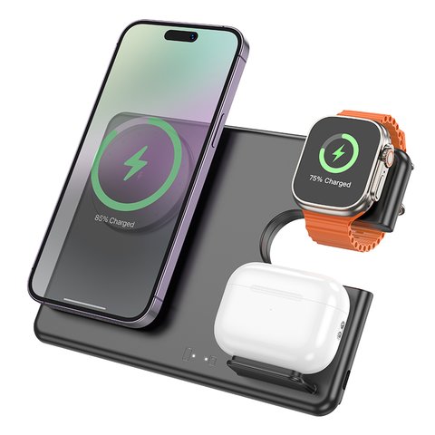 Беспроводное зарядное устройство Hoco CQ1 3-in-1, Quick Charge, черное, USB тип-C, 15 Вт, раскладное, настольный, магнитное, iwatch, #6942007602310 Превью 2