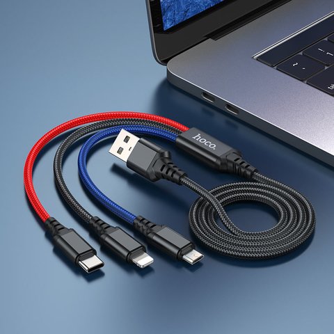 USB кабель Hoco X76, USB тип-C, USB тип-A, micro-USB тип-B, Lightning, 100 см, 2 A, черный, синий, красный, 3 в 1, #6931474768636 Превью 1