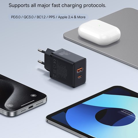 Adaptador de red Baseus Cube, 30 W, Power Delivery (PD), Fast Charge, negro, 2 puertos, #P10111404113-00 Vista previa  4